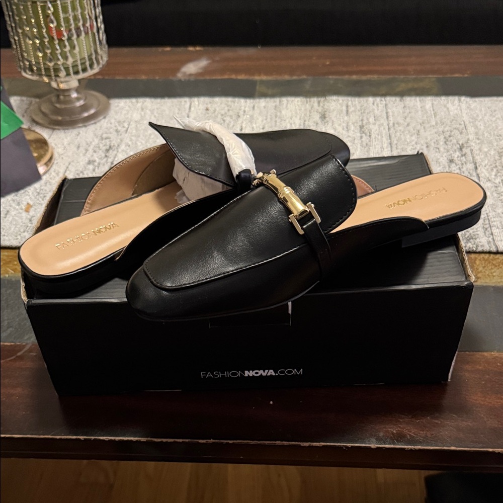 Fashion Nova Black Mules with Gold Accent